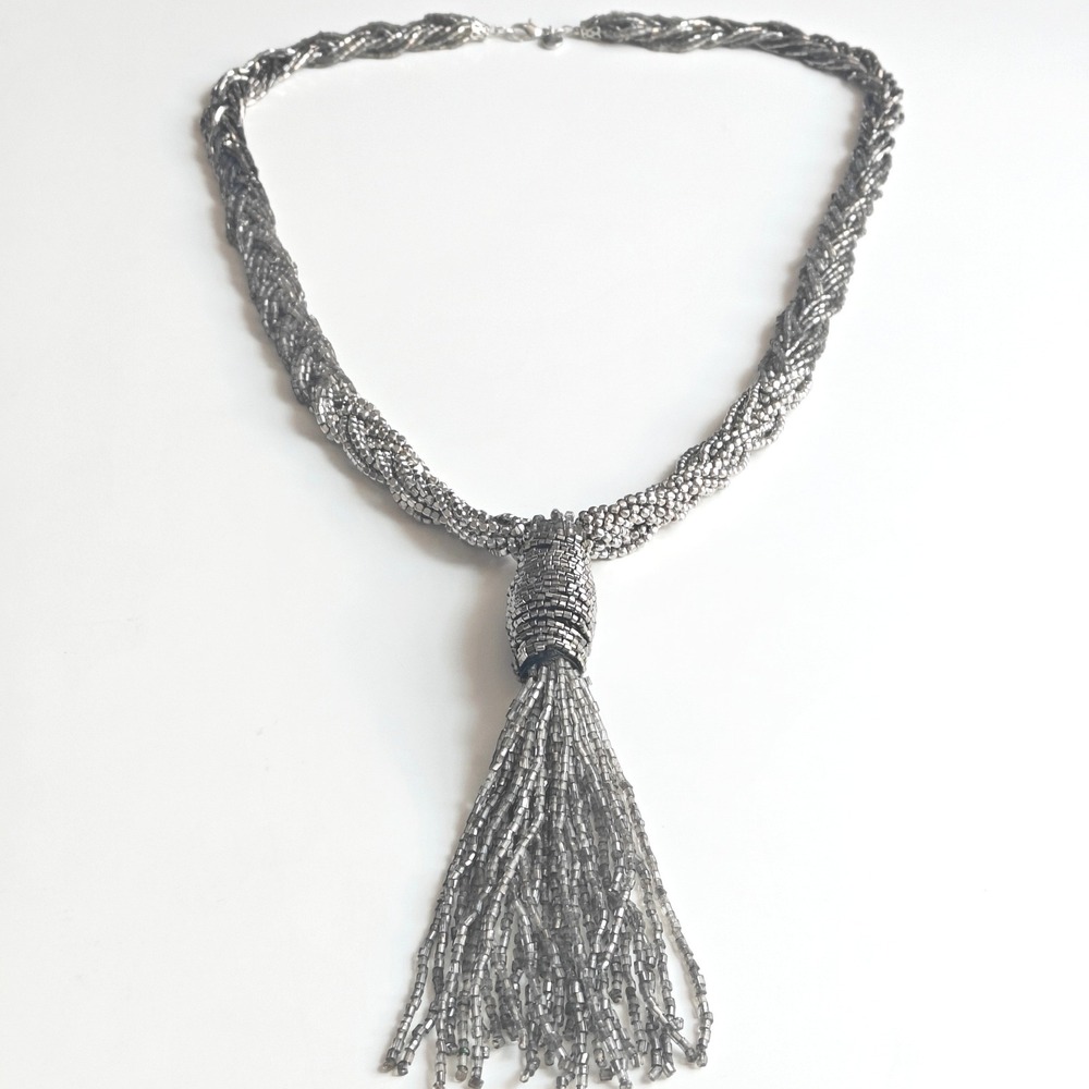 LOFT Silver Gunmetal Ombre Braided Seed Bead Tassel Statement Necklace Chunky